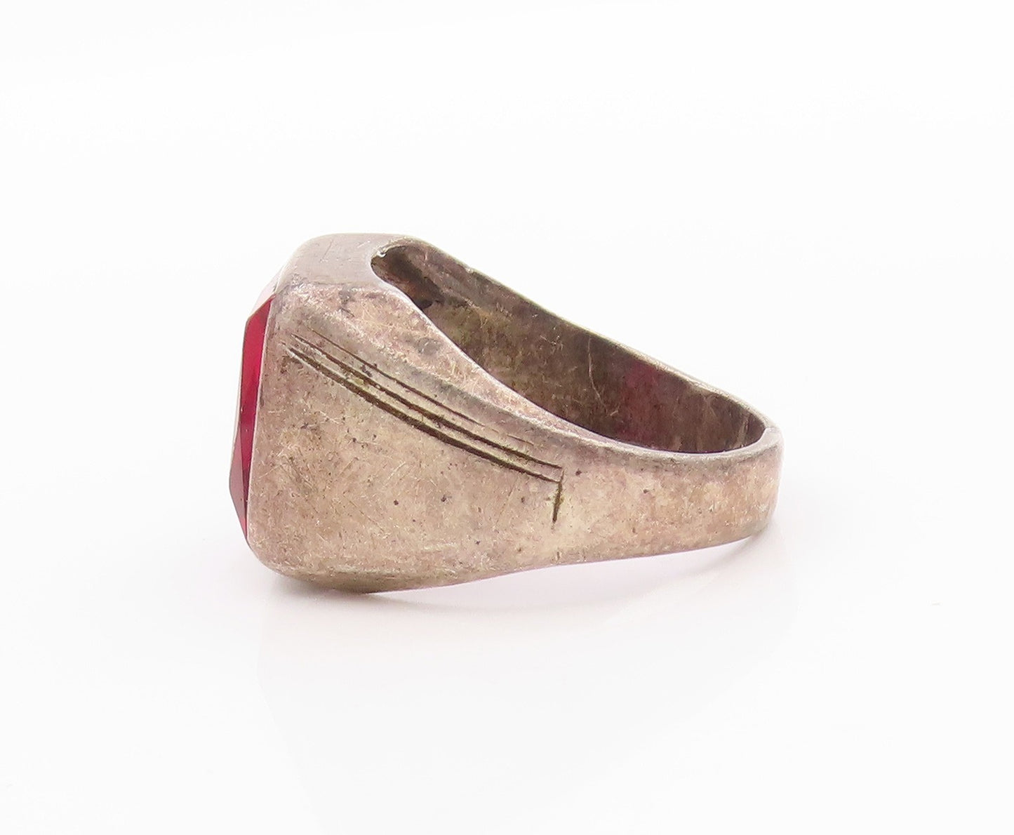 925 Sterling Silver Vintage Ring Antique Rectangle Pink CZ Inlay  Sz 9  RG33332