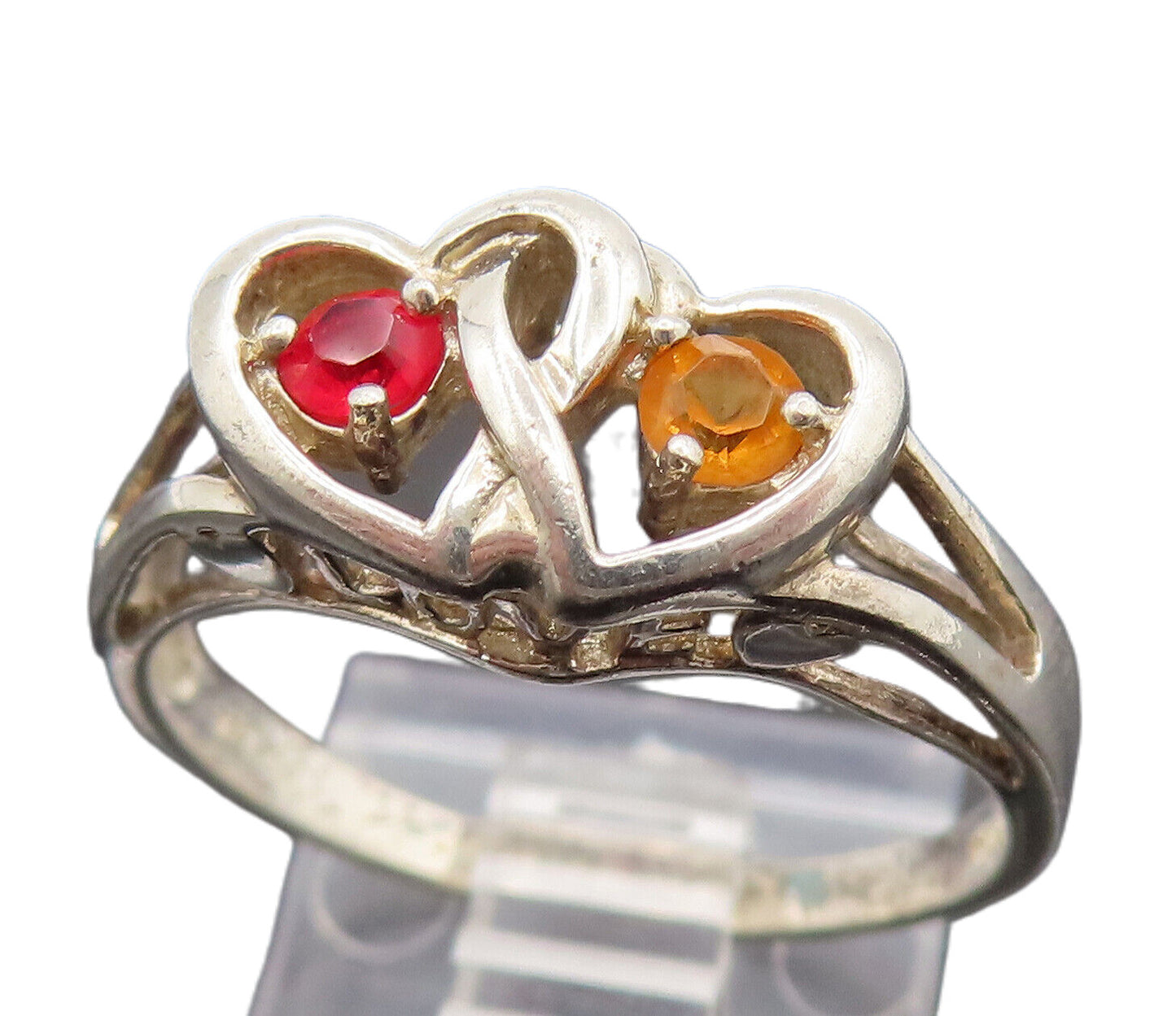 925 Silver  Vintage Dainty Orange & Red Topaz Love Heart Ring Sz 8.25  RG26153