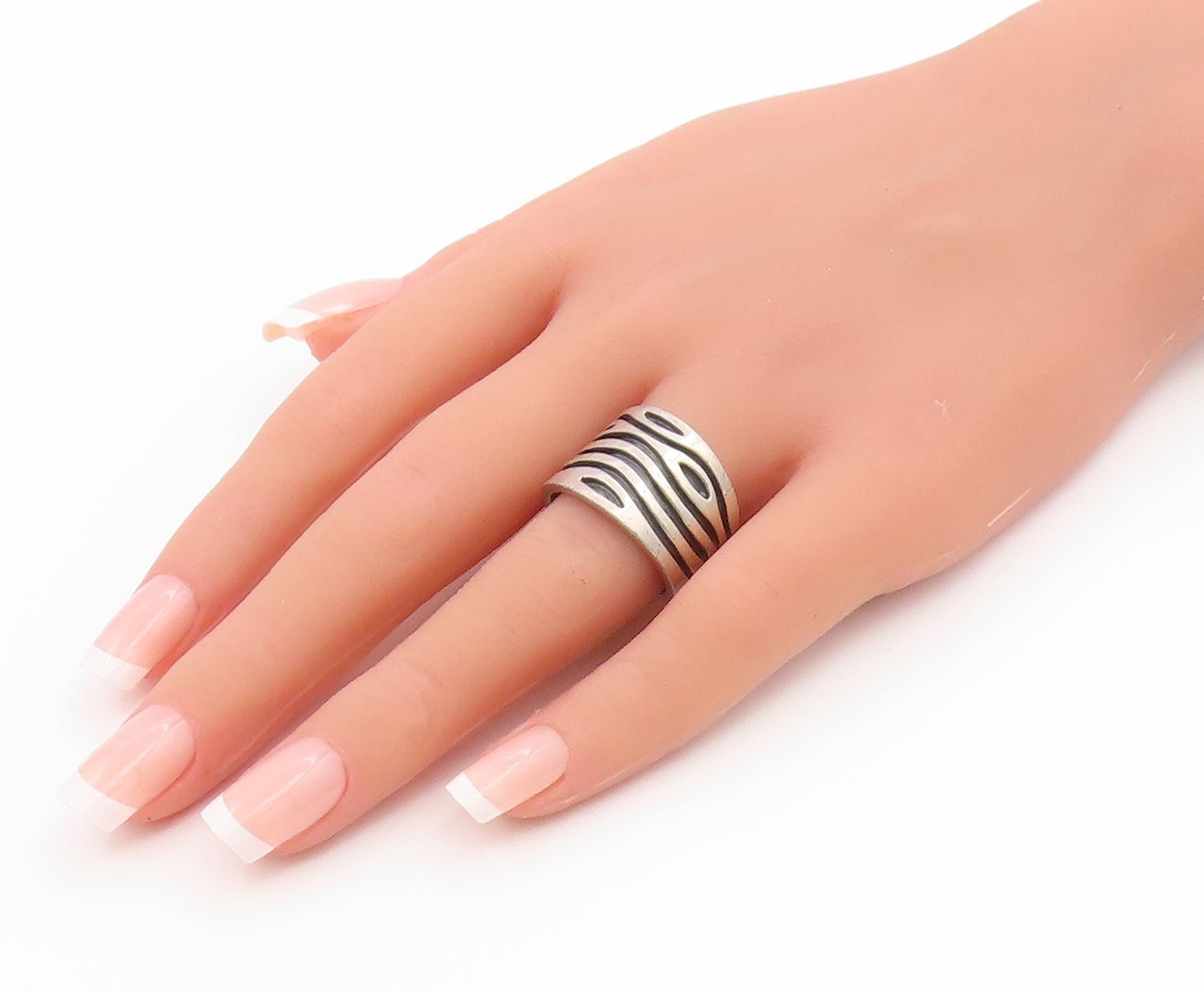 925 Sterling Silver Vintage Ring Modernist Wave Statement Band  Sz 8  RG36116