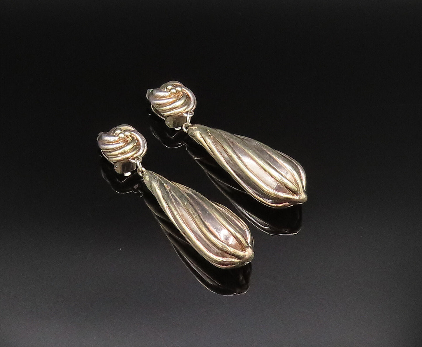 925 Sterling Silver Vintage Love Knot Long Ribbed Non Pierced Earrings EG11985