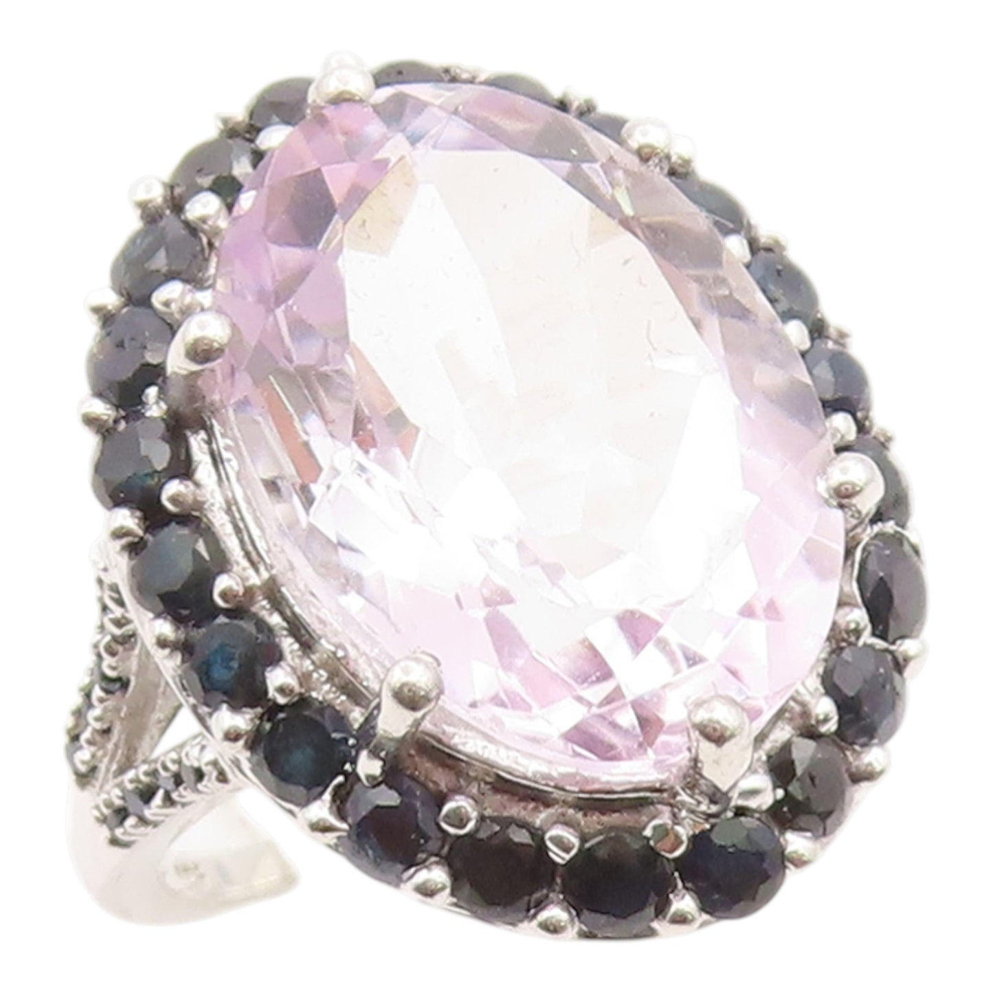 925 Sterling Silver Vintage Ring Rose Quartz Halo Sapphire Band  Sz 7.5  RG36161