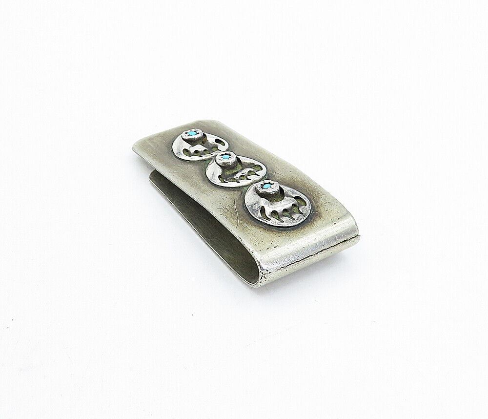 NAVAJO 925 Sterling Silver  Vintage Turquoise Bear Claw Money Clip  TR1181
