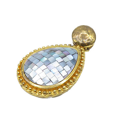 925 Sterling Silver  Vintage Mother Of Pearl Mosaic Tear Drop Pendant  PT17264