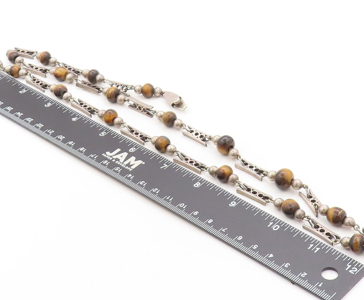 925 Sterling Silver Vintage Necklace MEXICO Designer Beaded Tiger's Eye   NE4413