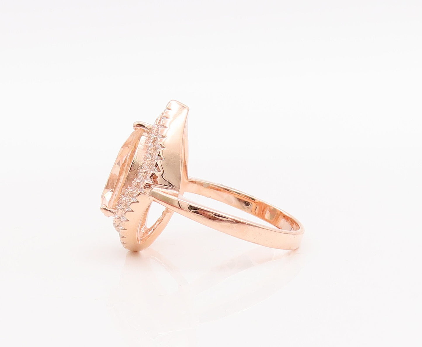 925 Sterling Silver Vintage Ring Drop Cut Morganite Halo CZ Bands Sz 7.5 RG29070