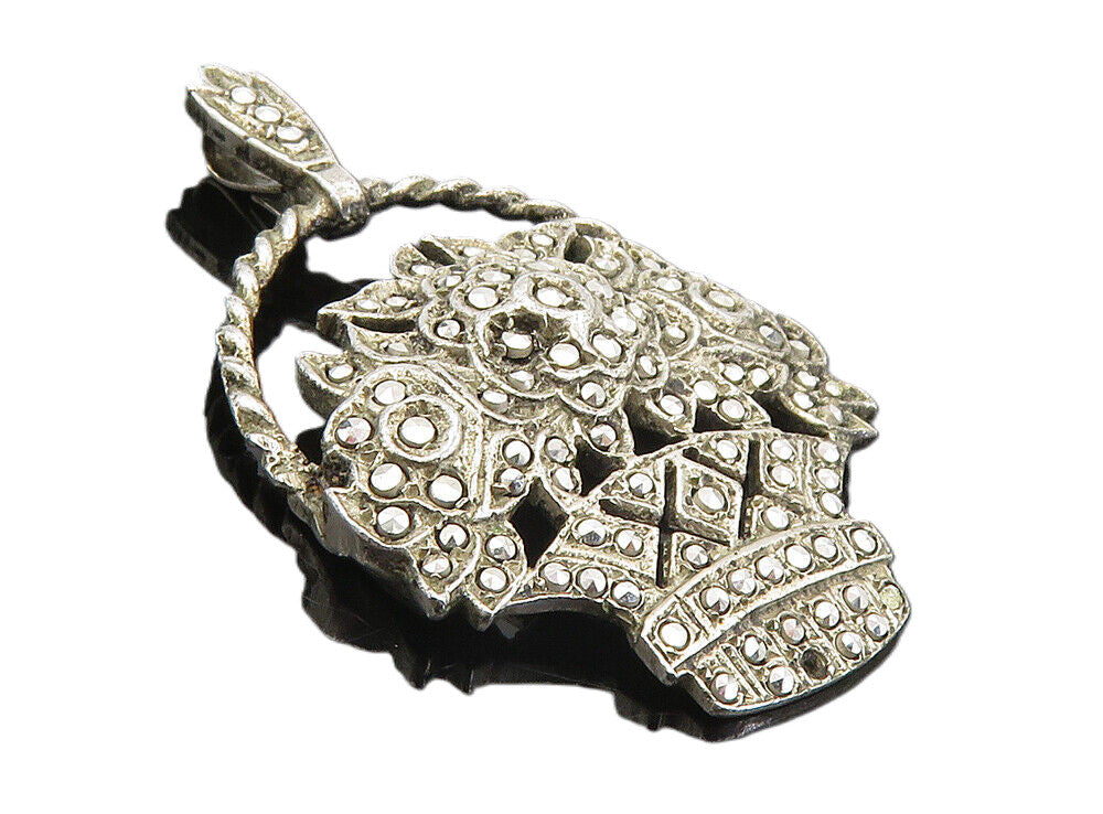 925 Sterling Silver  Vintage Sparkling Flower Basket Motif Pendant  PT6398