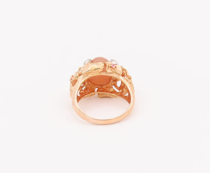 925 Sterling Silver Vintage Ring Gold Plated Floral Cream Gemstone Sz 9  RG28033