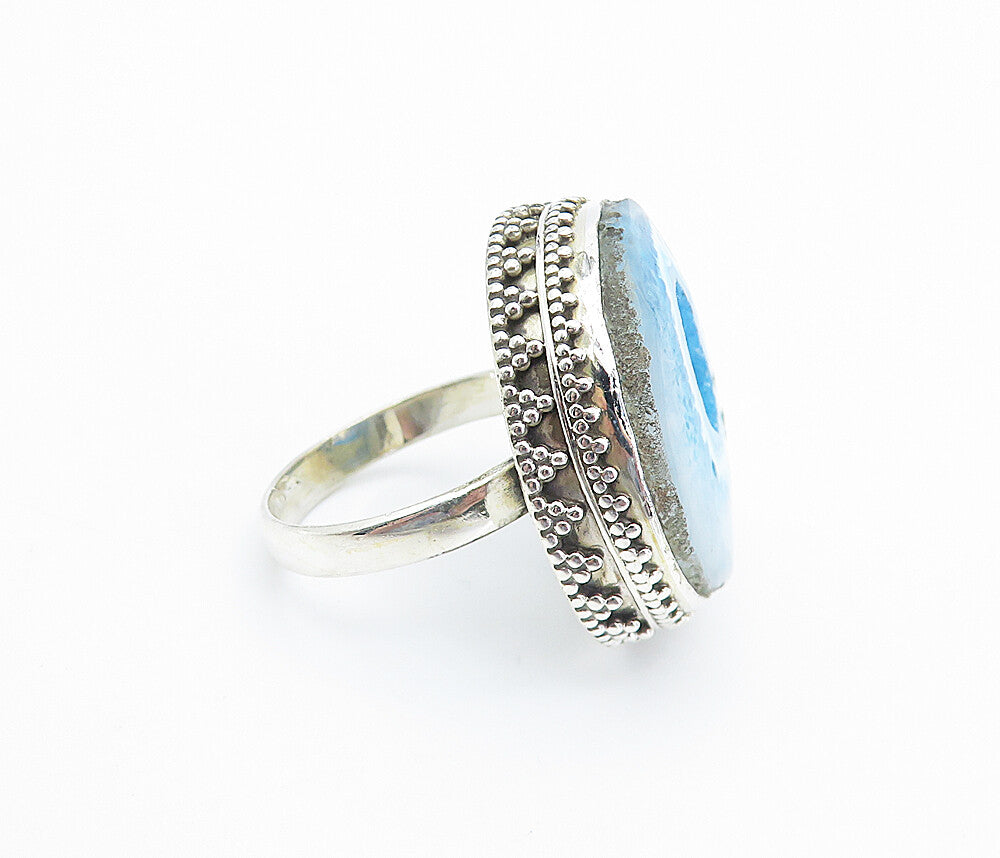 925 Sterling Silver  Blue Agate Patterned Border Cocktail Ring Sz 10.5  RG8175