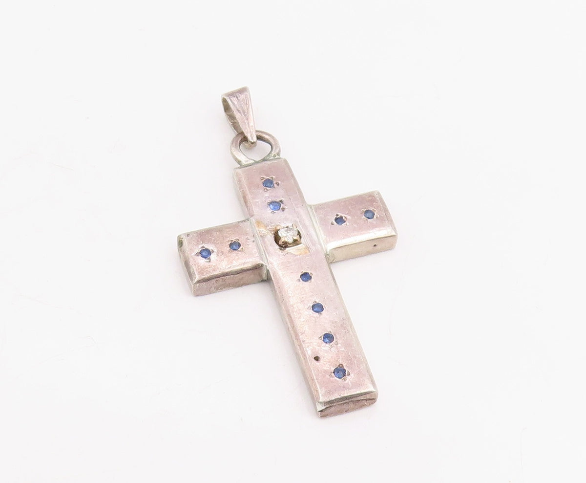 925 Sterling Silver Vintage Pendant Real Diamond & Sapphire Holy Cross  PT25878