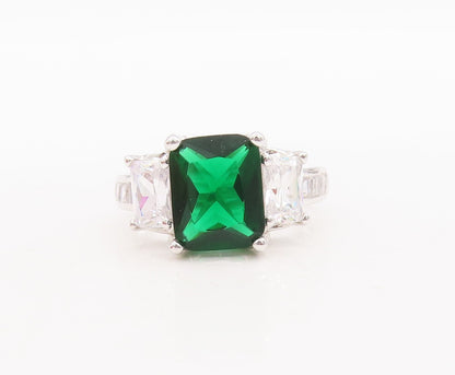 925 Sterling Silver Vintage Ring Leaves Carved Green & White CZ  Sz 7  RG29661