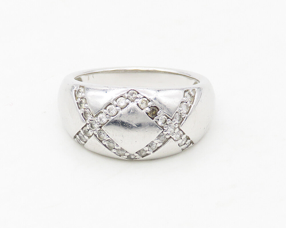 925 Sterling Silver  Shiny White Topaz X Detail Tapered Band Ring Sz 7 RG17104