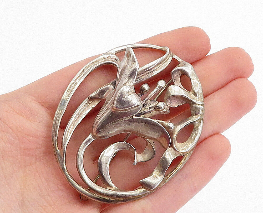 925 Sterling Silver  Vintage Antique Sculpted Floral Ribbon Brooch Pin  BP1629