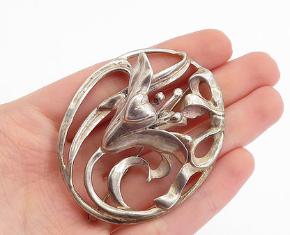 925 Sterling Silver  Vintage Antique Sculpted Floral Ribbon Brooch Pin  BP1629