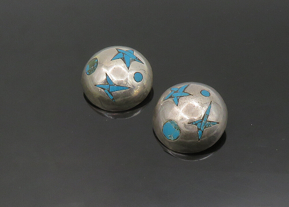 TAXCO 925 Sterling Silver Vintage Turquoise Non Pierce Dome Earrings EG11314