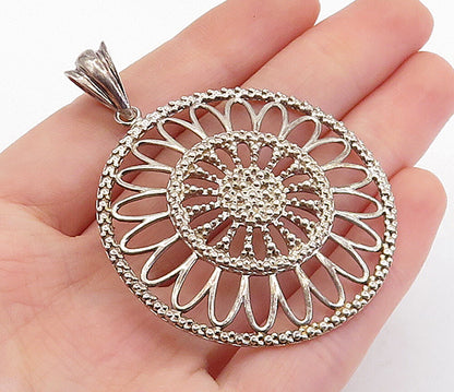 925 Sterling Silver  Vintage Shiny Open Flower Design Round Pendant  PT4522