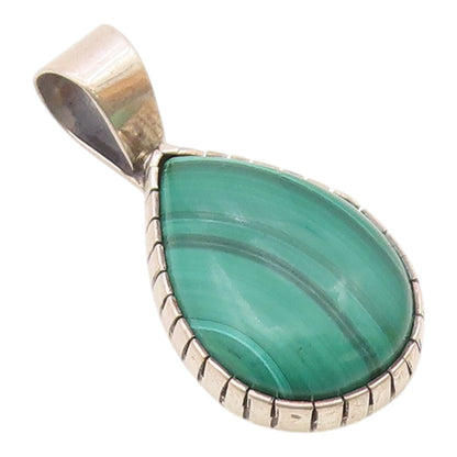 NAVAJO 925 Sterling Silver Vintage Pear Shaped Malachite Drop Pendant PT20197