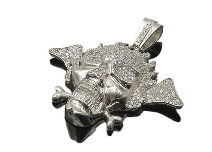 925 Sterling Silver  Sparkling Cubic Zirconia Skull & Bones Pendant  PT7916
