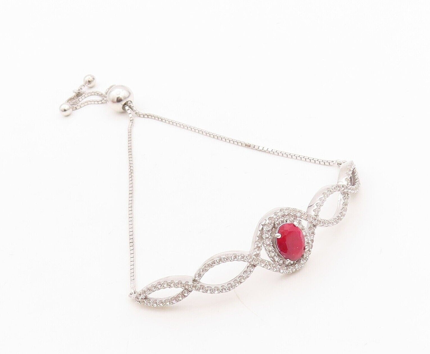 925 Sterling Silver Vintage Bracelet Real Ruby & Topaz Bolo Lock BT10749