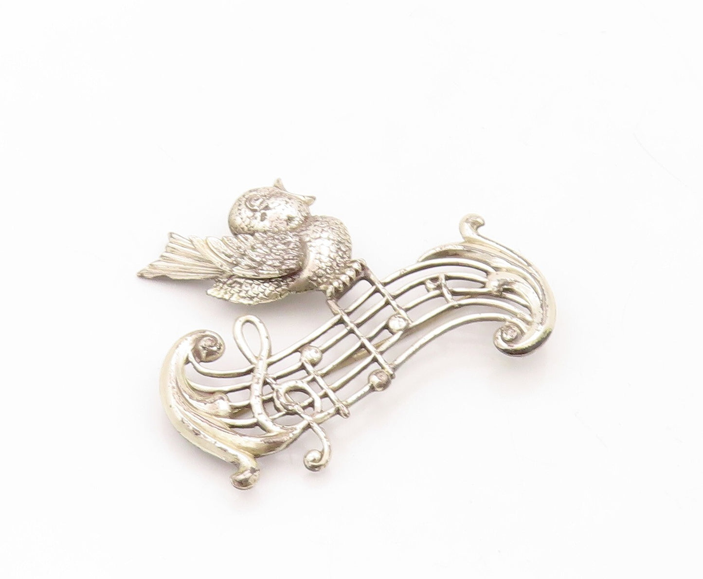 925 Sterling Silver Vintage Brooch Pin LANG Chirping Bird Musical Note  BP11255