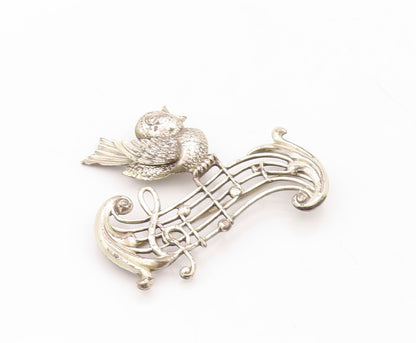 925 Sterling Silver Vintage Brooch Pin LANG Chirping Bird Musical Note  BP11255