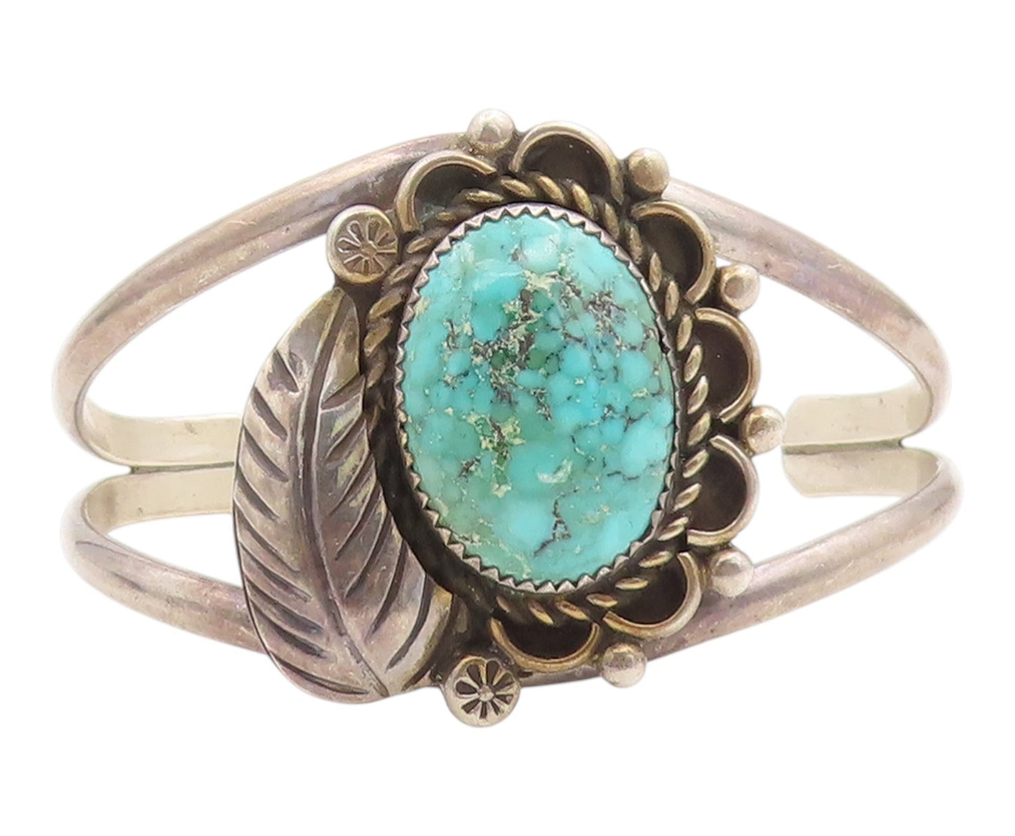 925 Sterling Silver Vintage Bracelet NAVAJO Turquoise Etched Leaf Cuff  BT12000
