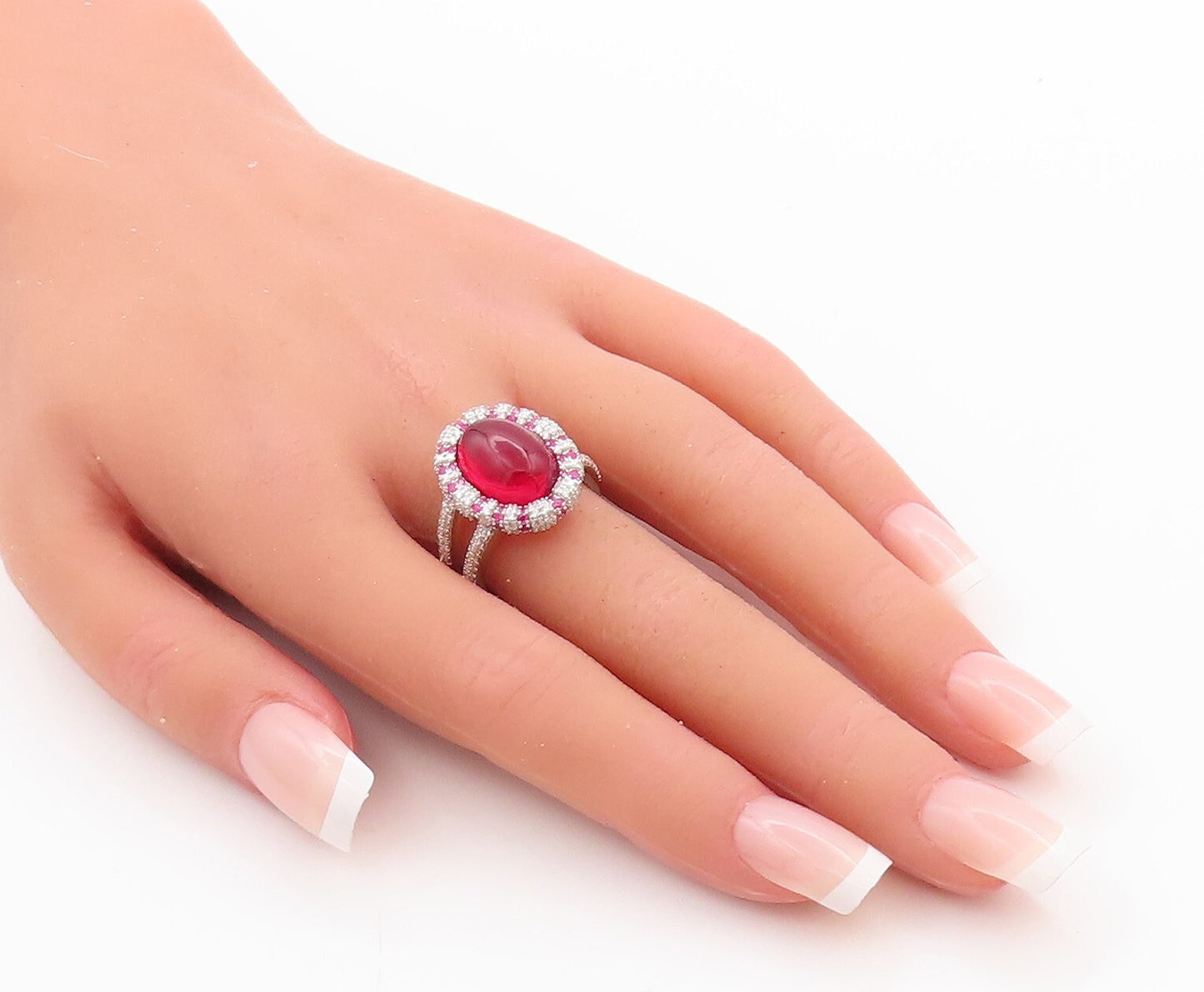 925 Sterling Silver Vintage Ring Cabochon Red Halo Pink White CZ Sz 7.5  RG29810