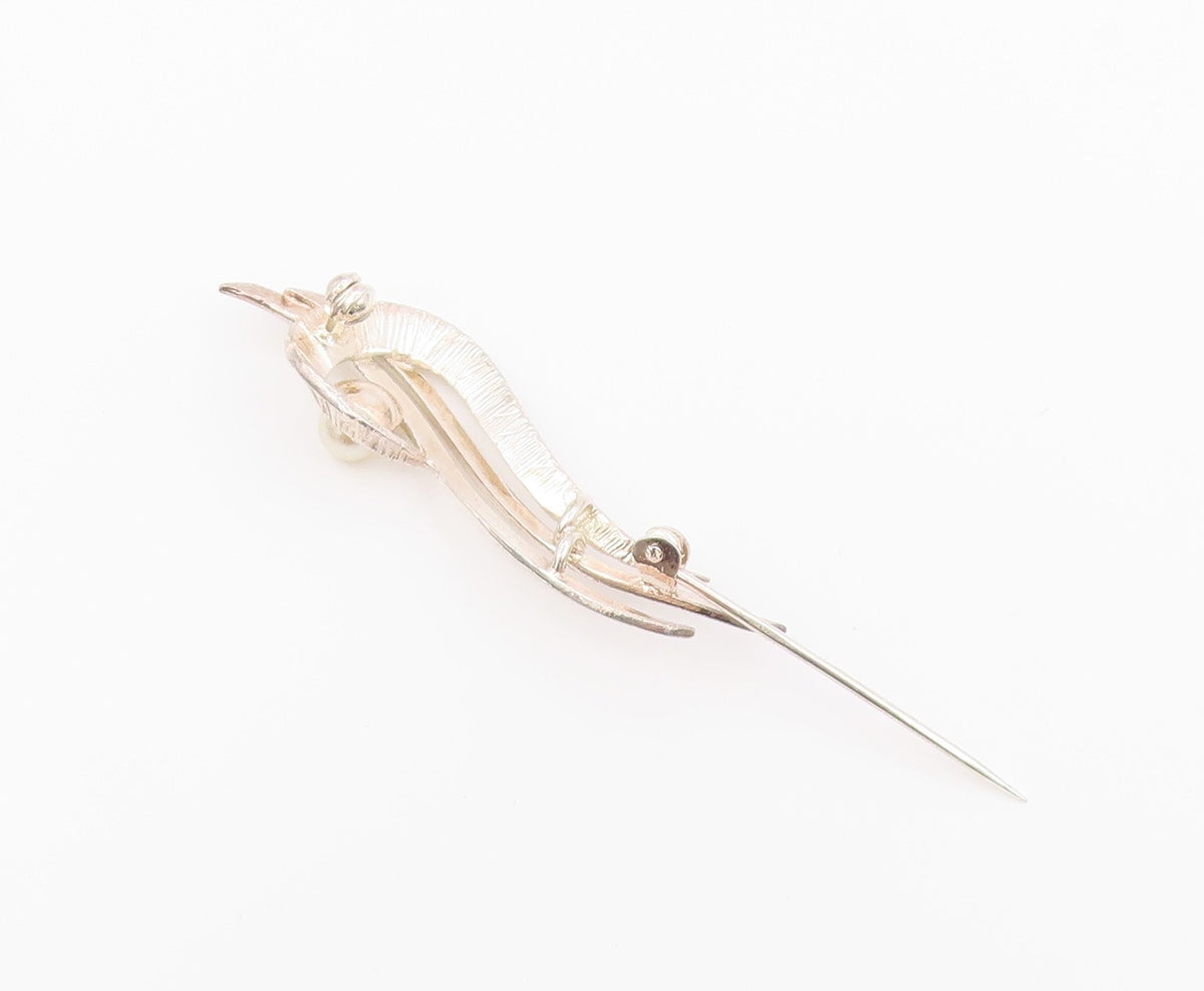 925 Sterling Silver Vintage Brooch Pin Modernist Pearl Ribbon Swirl  BP12639