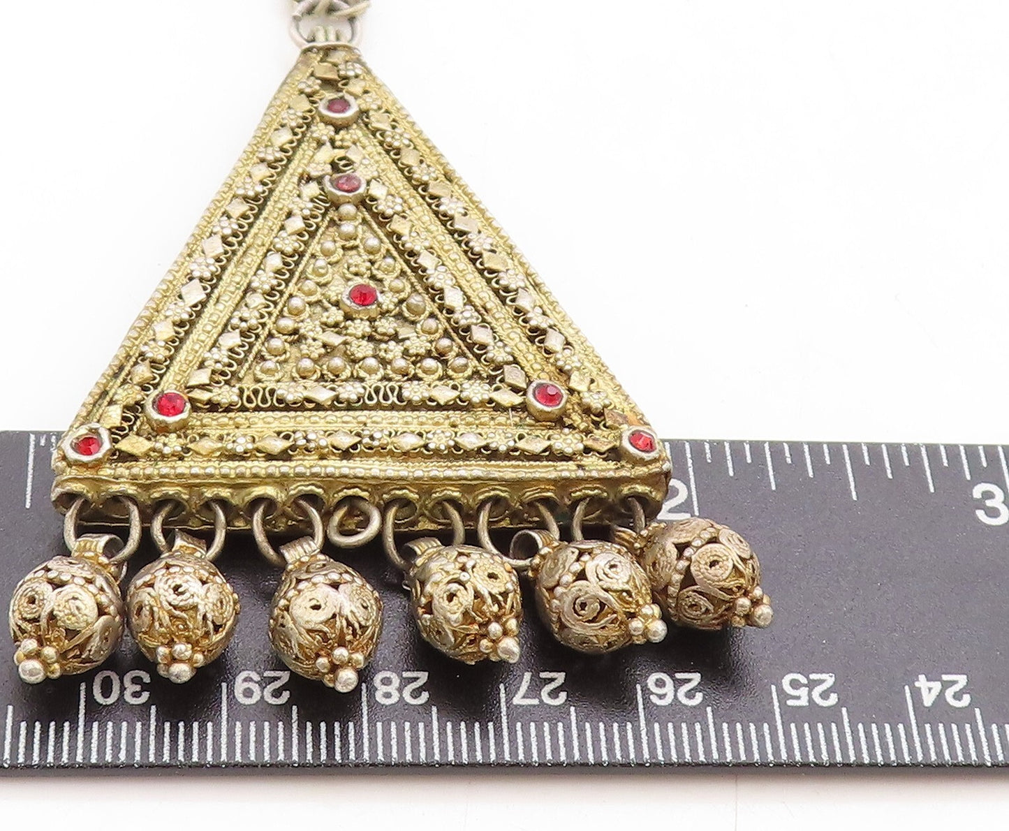 MIDDLE EASTERN 925 Silver  Vintage Red Topaz Floral Chain Necklace  NE1974