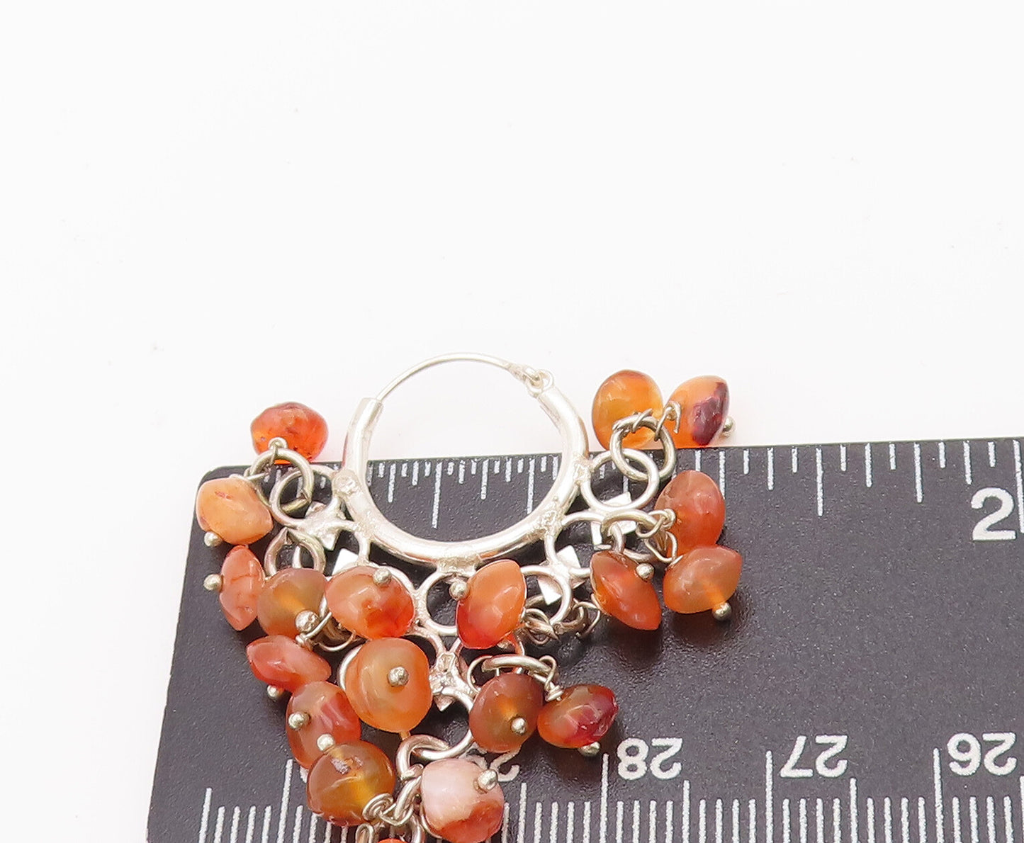 925 Sterling Silver Vintage Earrings Carnelian Beads Chandelier Hoops  EG12806