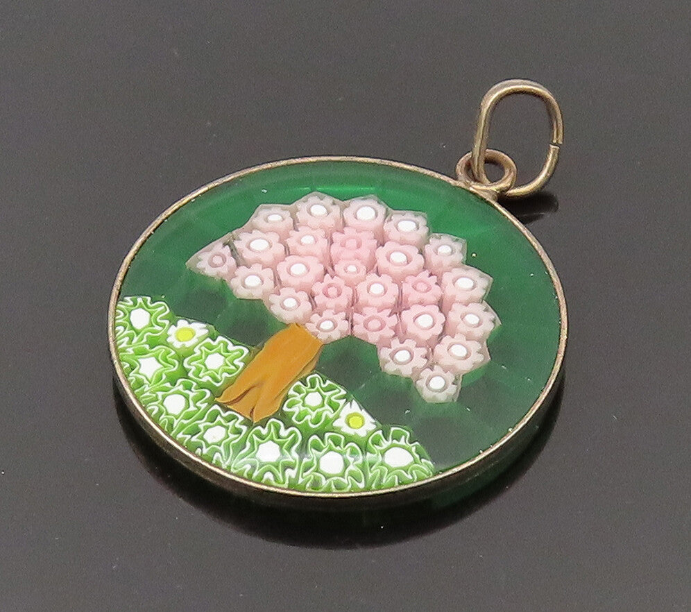 925 Sterling Silver  Vintage Flower Tree Glass Art Round Pendant  PT21932