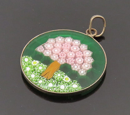 925 Sterling Silver  Vintage Flower Tree Glass Art Round Pendant  PT21932