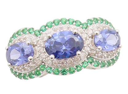925 Sterling Silver Vintage Ring Oval Blue Halo White & Green CZ  Sz 7  RG29551