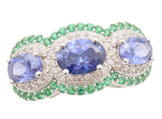 925 Sterling Silver Vintage Ring Oval Blue Halo White & Green CZ  Sz 7  RG29551