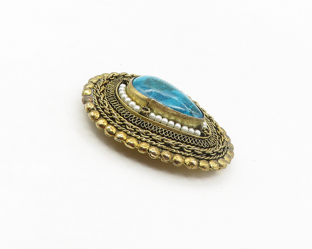ISRAEL 925 Sterling Silver  Vintage Eilat Stone & Pearls Brooch Pin  BP6730