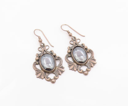 925 Sterling Silver Vintage Earrings Classic Hematite Scrollwork Dangle  EG14384