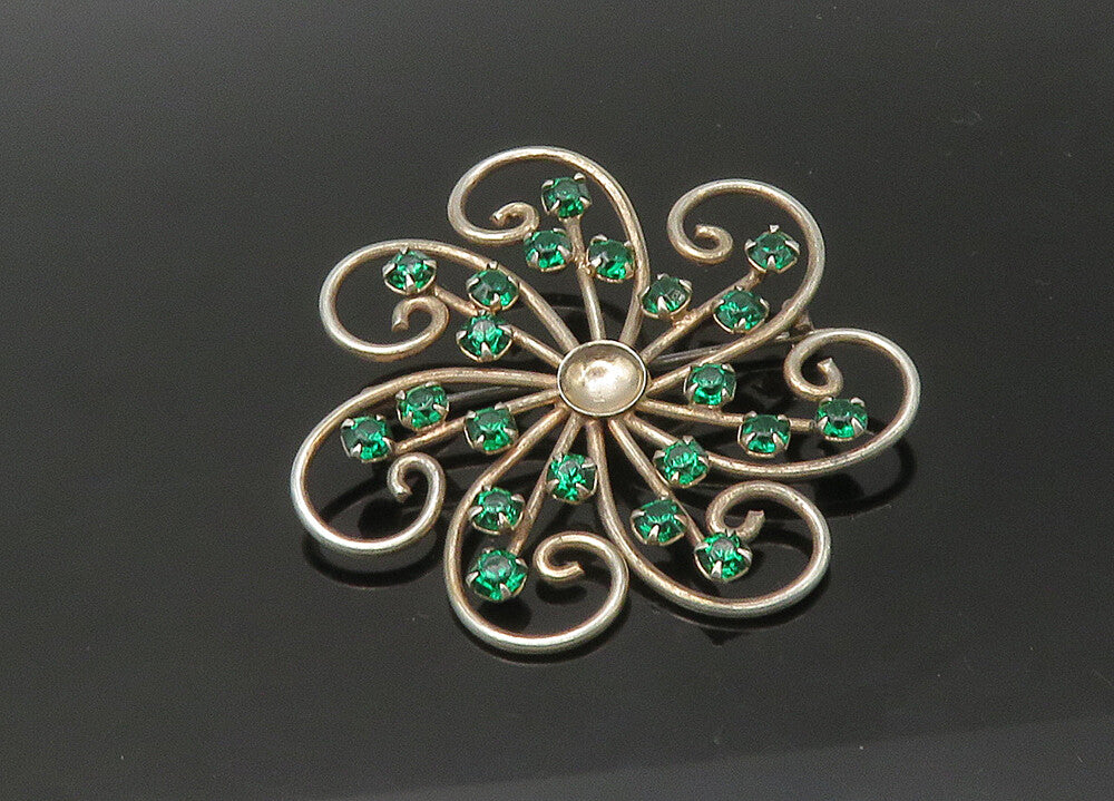 925 Sterling Silver  Vintage Green Stone Swirl Flower Motif Brooch Pin  BP8796