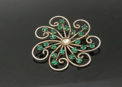 925 Sterling Silver  Vintage Green Stone Swirl Flower Motif Brooch Pin  BP8796