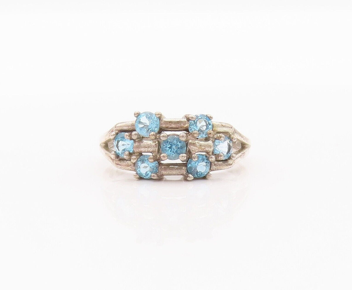 925 Sterling Silver Vintage Ring Carved Blue Round Cut CZ Beaded  Sz 8  RG28292