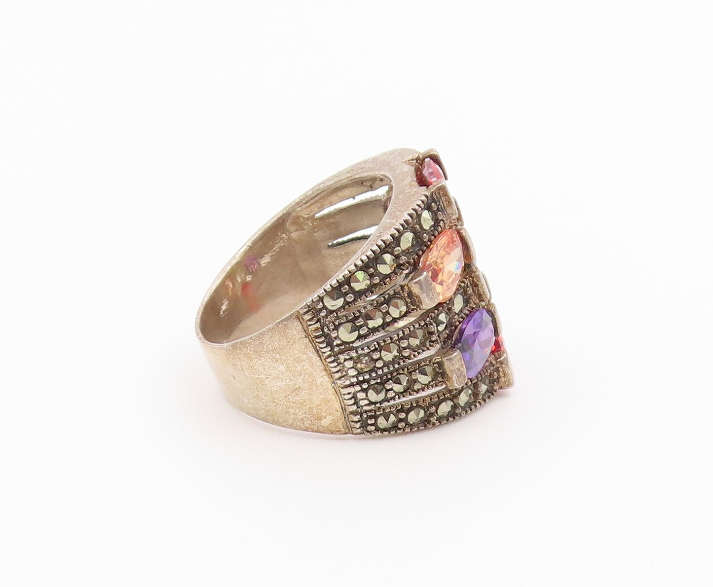925 Sterling Silver Vintage Ring Multi Gemstone Statement Band  Sz 9  RG36558