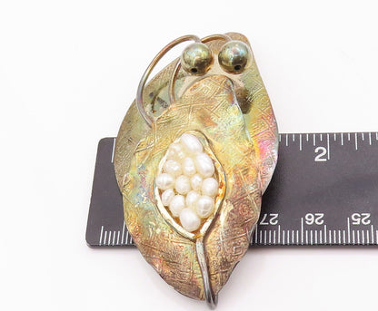 925 Sterling Silver Vintage Brooch Pin Designer Leaf Amorphas Pearls  BP10950