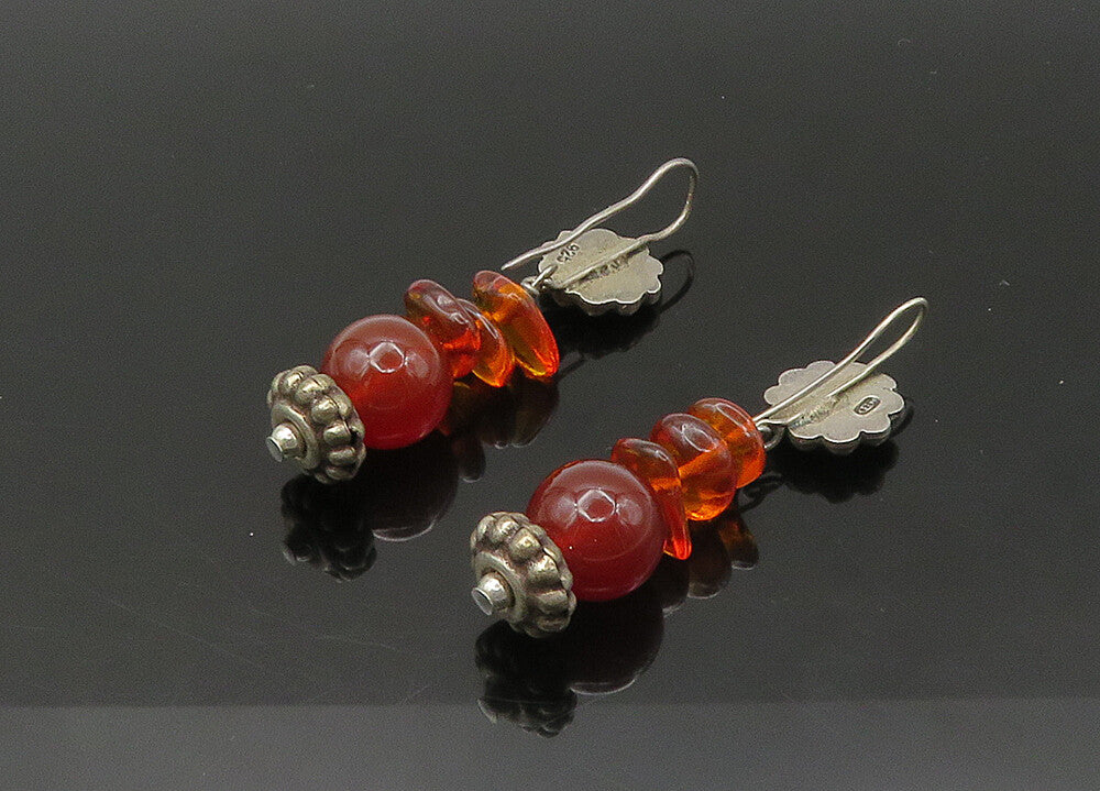 925 Sterling Silver  Vintage Amber Dark Tone Floral Dangle Earrings  EG10843