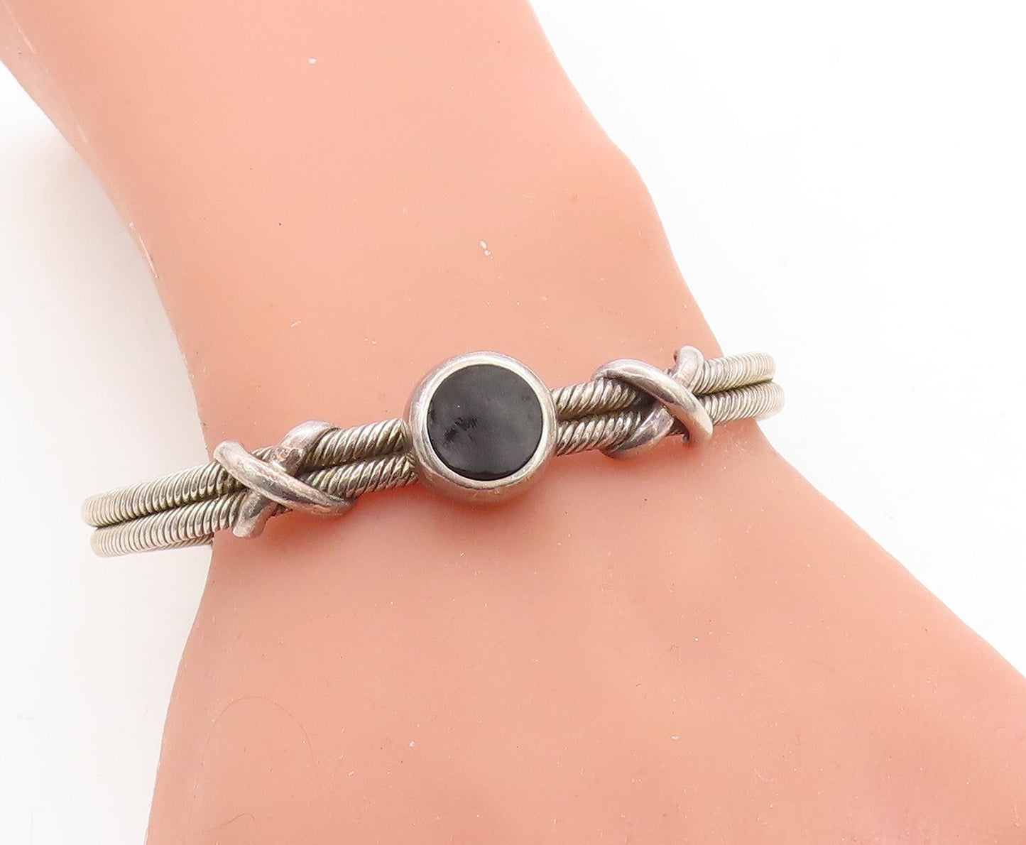 MEXICO 925 Sterling Silver  Vintage Black Onyx Twist Cuff Bracelet  BT1557