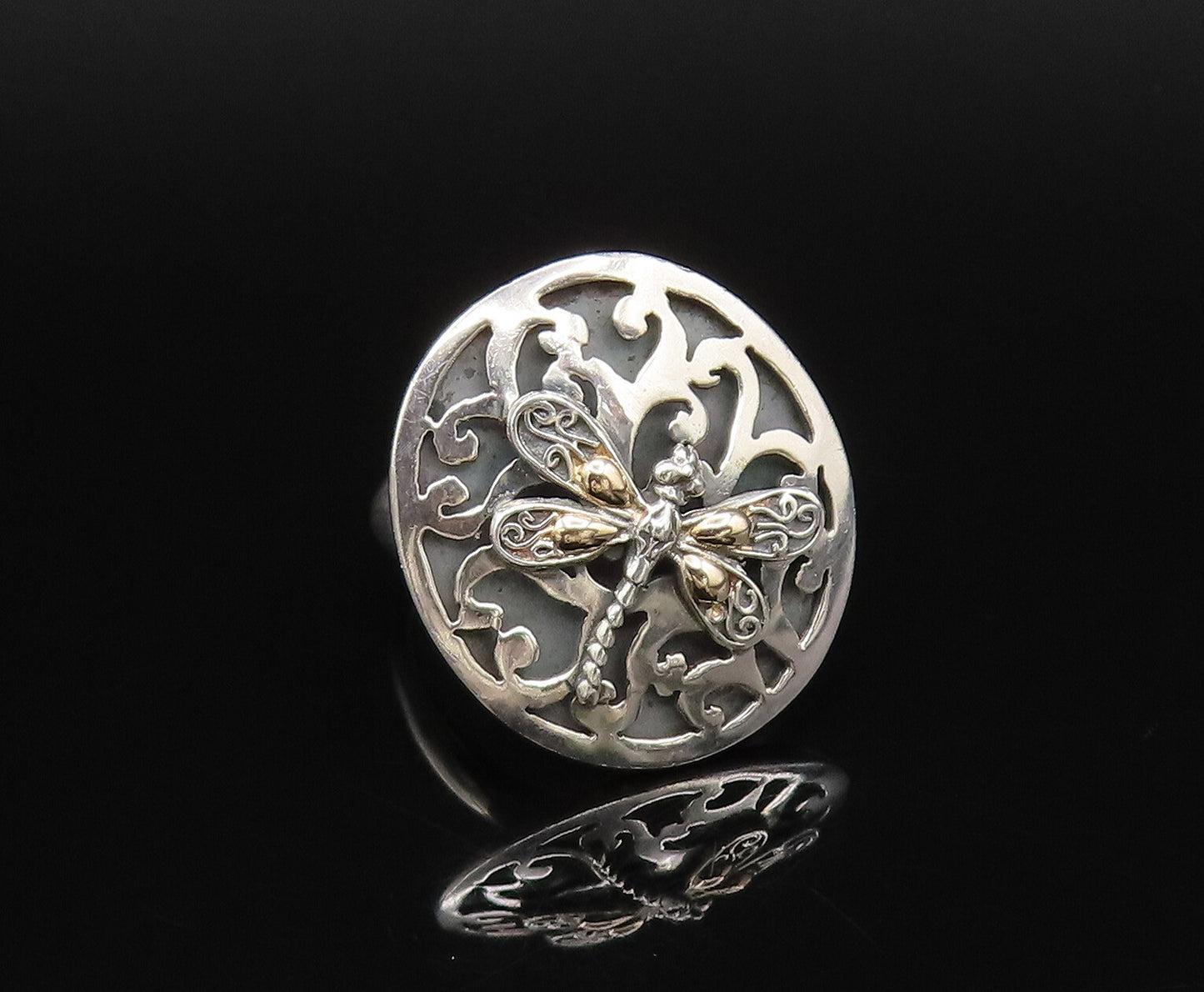 18K GOLD & 925 Silver  Vintage Open Swirl Frame & Dragonfly Ring Sz 7  RG26076