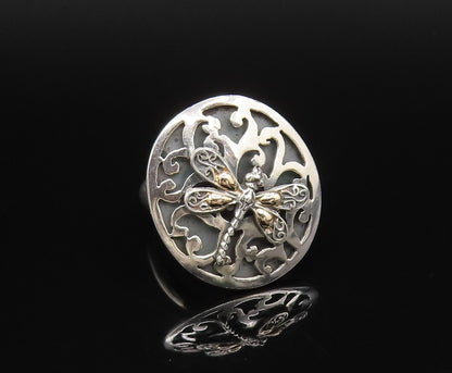 18K GOLD & 925 Silver  Vintage Open Swirl Frame & Dragonfly Ring Sz 7  RG26076