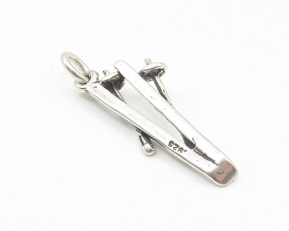 925 Sterling Silver  Vintage Shiny Petite Ski Set Motif Sports Pendant  PT8545