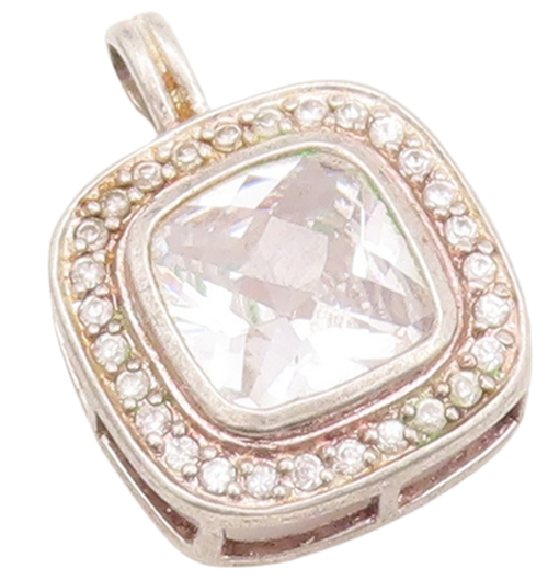 925 Sterling Silver Vintage Pendant Square Cut Halo Topaz Beaded Frame  PT23441