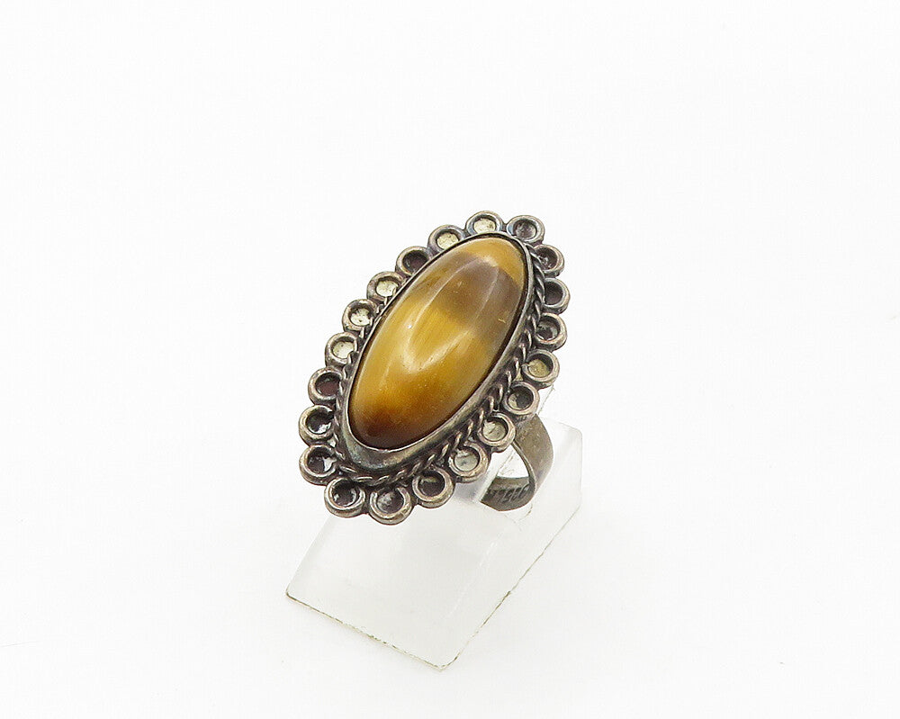 MEXICO 925 Silver  Vintage Tiger's Eye Floral Cocktail Ring Sz 7  RG17453