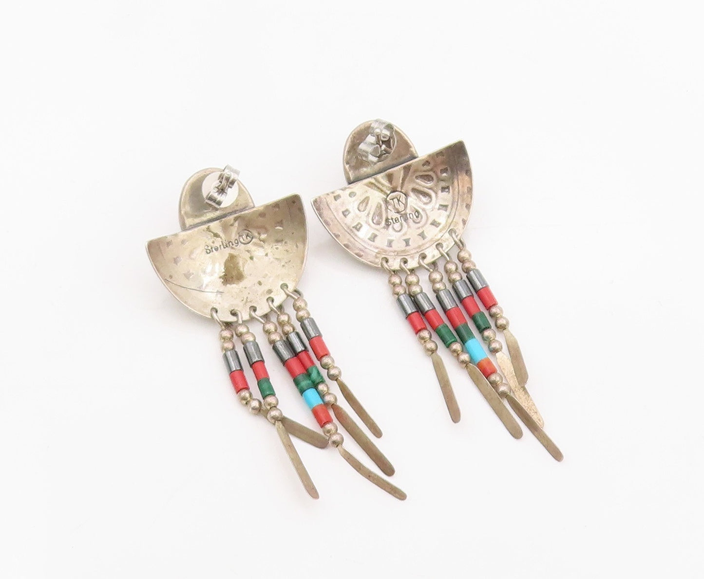 925 Sterling Silver Vintage Earrings NAVAJO Multi Gemstone Inlay Dangle  EG13816
