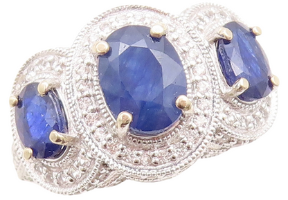 925 Sterling Silver Vintage Ring Oval Cut Sapphire Halo CZ Bands  Sz 7  RG31536