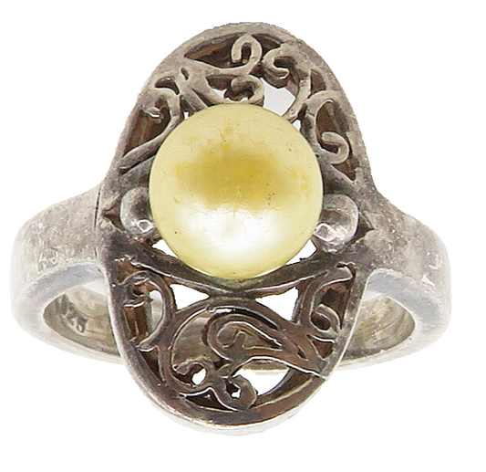 925 Sterling Silver  Vintage Golden Pearl Swirl Vine Band Ring Sz 7  RG15508